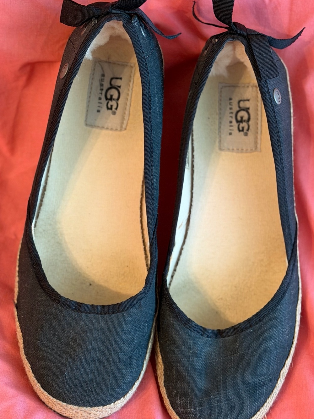 UGG Black Canvas Espadrille Flats with Bow Trim
